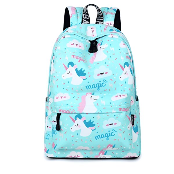 sac-a-dos-d-ecole-licorne-pastel-1a.jpg Sac à dos turquoise imprimé avec des motifs de licornes blanches, de nuages souriants et de l'inscription "magic". Style kawaii et enfantin., 45501270884607 | Licorne Shop