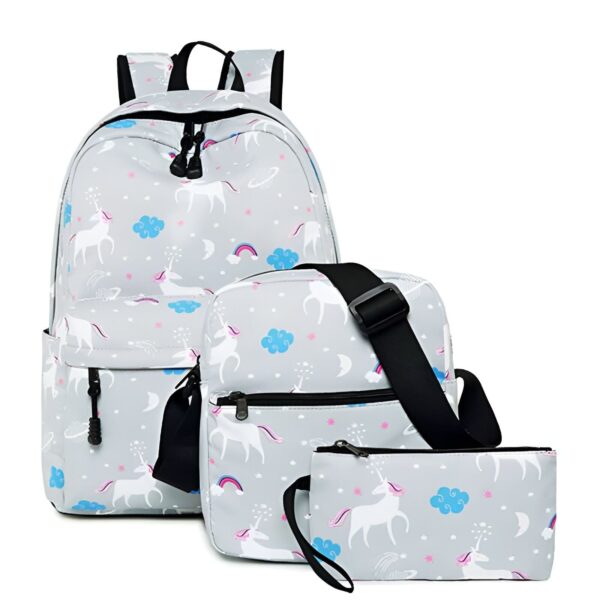 Ensemble de sac à dos, sac bandoulière et trousse à crayons gris à motifs licornes. Idéal pour l'école ou les loisirs., 45501143449855 | Licorne Shop