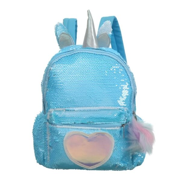 sac-a-dos-enfant-licorne-bleu-a-paillettes-1a.jpg Sac à dos enfant bleu à paillettes, motif licorne avec corne argentée, oreilles bleues, poche en forme de cœur irisé et pompon décoratif. Accessoire tendance pour l'école ou les loisirs., 45501274161407 | Licorne Shop