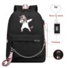 sac-a-dos-licorne-avec-rangements-pour-ordinateur-portable-1a.jpg Sac à dos noir avec un dessin de licorne faisant un dab. Le sac possède une poche avant, une chaîne décorative, un port USB et un port pour écouteurs. Téléphone branché pour écouter de la musique et recharger., 45501151936767 | Licorne Shop