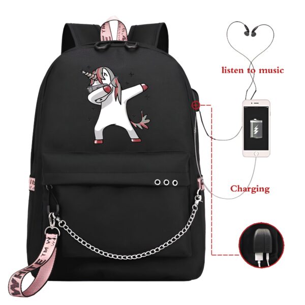 sac-a-dos-licorne-avec-rangements-pour-ordinateur-portable-1a.jpg Sac à dos noir avec un dessin de licorne faisant un dab. Le sac possède une poche avant, une chaîne décorative, un port USB et un port pour écouteurs. Téléphone branché pour écouter de la musique et recharger., 45501151936767 | Licorne Shop