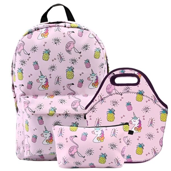 sac-a-dos-licorne-avec-sac-a-lunch-1a.jpg Ensemble d'accessoires rose pastel avec motifs licornes, flamants roses et ananas. Comprend un sac à dos, une trousse et un sac à lunch isotherme assortis. Idéal pour l'école ou les sorties., 45501276389631 | Licorne Shop