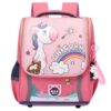 Une image d'un sac à dos rose avec une image de licorne dessus. Le sac à dos est également décoré d'un arc-en-ciel, d'étoiles et d'un nuage.