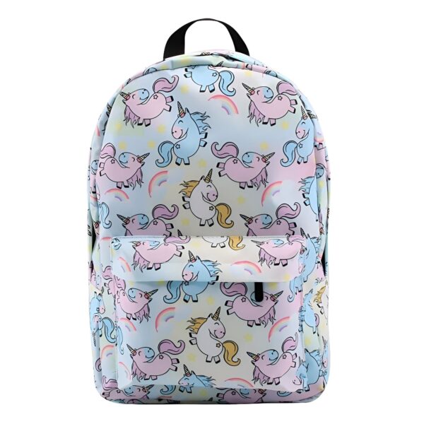 Sac à dos enfant imprimé licornes rose et bleu pastel avec arc-en-ciel et étoiles. Accessoire tendance pour l'école maternelle ou les loisirs., 45501145514239 | Licorne Shop