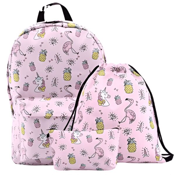 Ensemble de sacs rose à motifs : un sac à dos, un sac de sport et une trousse. Motifs de flamants roses, ananas, licornes et diamants. Idéal pour l'école ou les loisirs., 45501326033151 | Licorne Shop