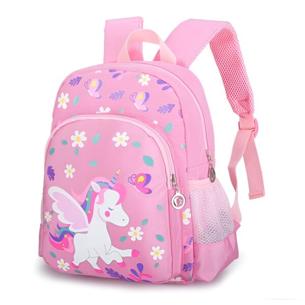 sac-a-dos-licorne-fille-1a-1.jpg Une image d'un sac à dos rose avec une licorne et des fleurs. Le sac à dos est destiné aux enfants.