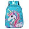 sac-a-dos-licorne-fille-6a.jpg Une image d'un sac à dos bleu avec une licorne blanche et rose. La licorne a une crinière et une queue arc-en-ciel. Le sac à dos est également décoré d'étoiles et de fleurs.