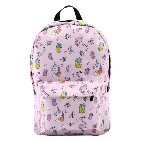 sac-a-dos-licorne-pailletee-pour-enfant-under-one-sky-1a.jpg Sac à dos rose clair à motifs : ananas, flamants roses, licornes, diamants. Bretelles noires et poignée noire sur le dessus du sac. Sac avec poche à l'avant., 45501273669887 | Licorne Shop