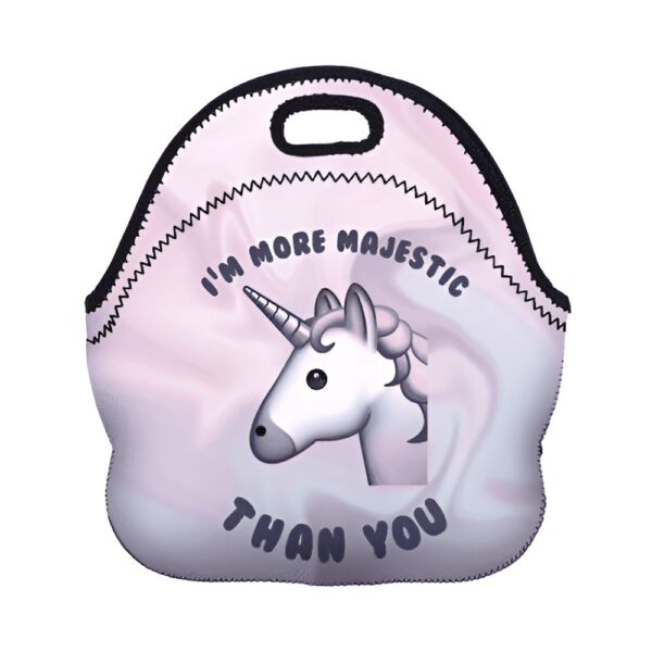 Sac à déjeuner isotherme avec motif licorne et texte "I'm more majestic than you" (Je suis plus majestueux que toi). Fond marbré rose et violet., 45501328195839 | Licorne Shop