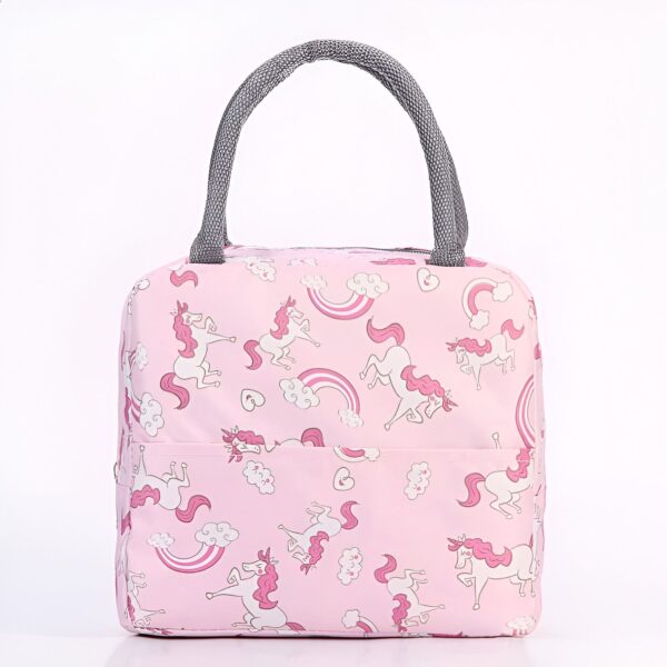 Sac à lunch rose à motifs licornes, arc-en-ciel et cœurs. Sac isotherme avec poignées grises pour transporter le repas des enfants., 45501328949503 | Licorne Shop