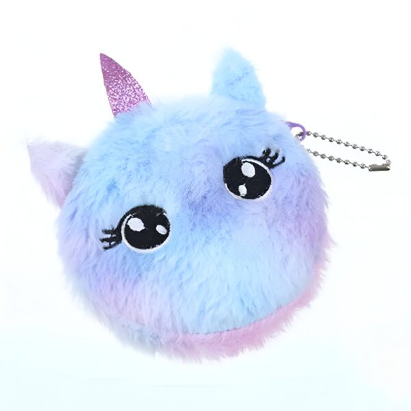 Image d'une petite bourse en forme de licorne en peluche avec des yeux brodés, des couleurs pastel (bleu et violet), une corne brillante, et une chaîne., 45501374529791 | Licorne Shop