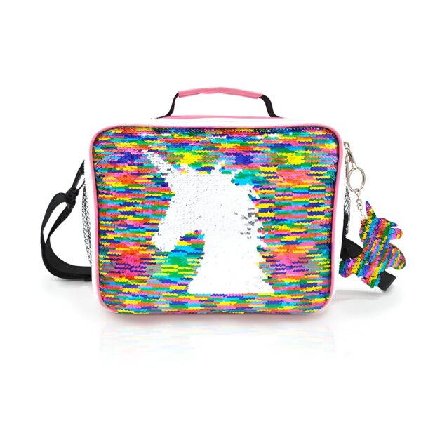 Sac à lunch isotherme blanc avec motif licorne pailleté arc-en-ciel. Il y a une bandoulière noire réglable, une poignée rose et un porte-clés licorne arc-en-ciel. Idéal pour l'école ou le pique-nique., 45501325869311 | Licorne Shop