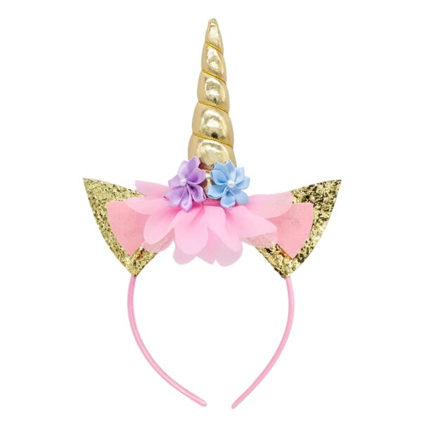 serre-tete-a-cornes-de-licorne-pailletees-1a.jpg Serre-tête licorne avec une corne dorée, des oreilles à paillettes et des fleurs roses et bleues. Accessoire de déguisement pour enfants, parfait pour une fête d'anniversaire sur le thème des licornes ou pour un carnaval., 45502407540991 | Licorne Shop