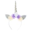 Serre-tête licorne avec corne argentée et décorations florales violettes et blanches. Oreilles scintillantes argentées. Accessoire de déguisement féérique., 45502406525183 | Licorne Shop