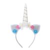 Serre-tête licorne avec corne blanche en spirale dorée, oreilles argentées, fleurs blanches, roses et bleues. Accessoire fantaisie pour déguisement, fêtes d'anniversaire et événements thématiques., 45502408589567 | Licorne Shop