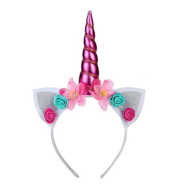 serre-tete-licorne-avec-oreilles-pailletees-et-fleurs-1a.jpg Serre-tête licorne avec corne rose, oreilles blanches pailletées et fleurs roses et turquoise. Accessoire de déguisement fantaisie., 45502408425727 | Licorne Shop