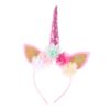 Serre-tête licorne rose avec des oreilles dorées brillantes et une corne étincelante. Décoré de fleurs pastel. Accessoire de déguisement fantaisie pour les enfants., 45501334749439 | Licorne Shop