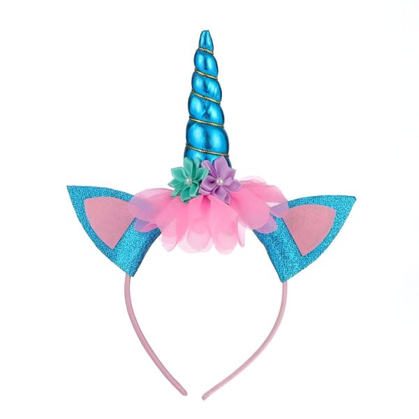 serre-tete-licorne-pour-deguisement-et-fete-enfant-1a.jpg Serre-tête licorne avec corne bleue scintillante, oreilles bleues et roses, et fleurs décoratives roses et vertes. Accessoire de déguisement parfait pour les fêtes et les occasions spéciales., 45501375381759 | Licorne Shop