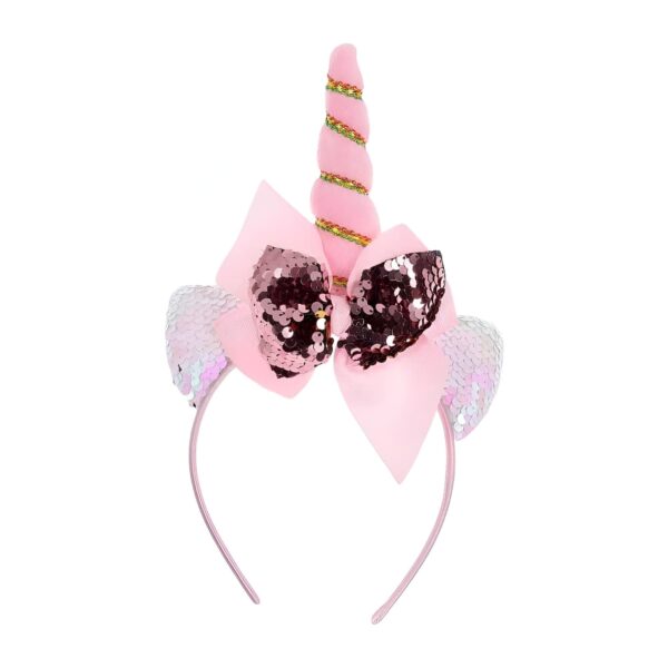 Serre-tête licorne rose avec corne torsadée, nœud à paillettes et oreilles brillantes. Accessoire de cheveux fantaisie pour enfants, idéal pour déguisements et fêtes d'anniversaire., 45501376233727 | Licorne Shop