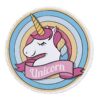 serviette-de-plage-geante-ronde-licorne-1a.jpg Serviette de plage ronde avec motif d'une licorne blanche à crinière rose et corne dorée, sur un fond rayé bleu, jaune et rose. Un ruban rose portant le mot "Unicorn" complète le design., 45501226320127 | Licorne Shop