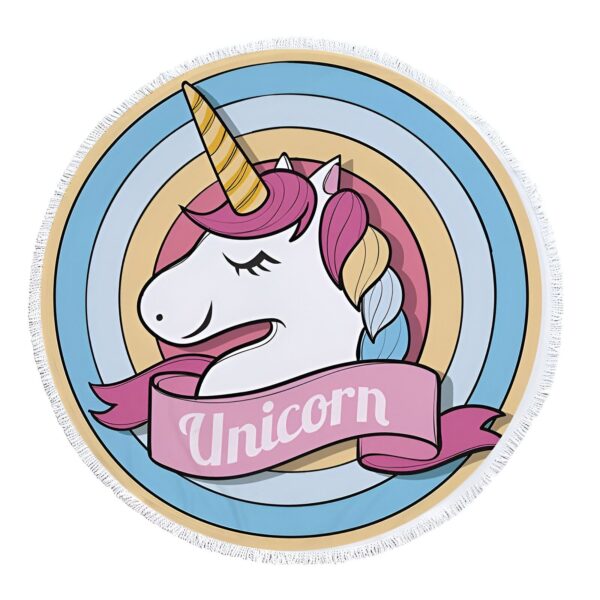 Serviette de plage ronde avec motif d'une licorne blanche à crinière rose et corne dorée, sur un fond rayé bleu, jaune et rose. Un ruban rose portant le mot "Unicorn" complète le design., 45501226320127 | Licorne Shop