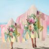serviette-de-plage-licorne-avec-capuche-planet-walm-1a.jpg Deux personnes sur une plage, portant des serviettes à capuche imprimées de motifs floraux et de licornes pailletées. Couleurs dominantes : rose, jaune et bleu., 45501254762751 | Licorne Shop