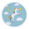 Serviette de plage ronde avec un motif de licorne blanche avec une crinière et une queue arc-en-ciel sur un fond bleu clair avec des nuages, des étoiles et un croissant de lune. La licorne tient une étoile jaune., 45501255352575 | Licorne Shop