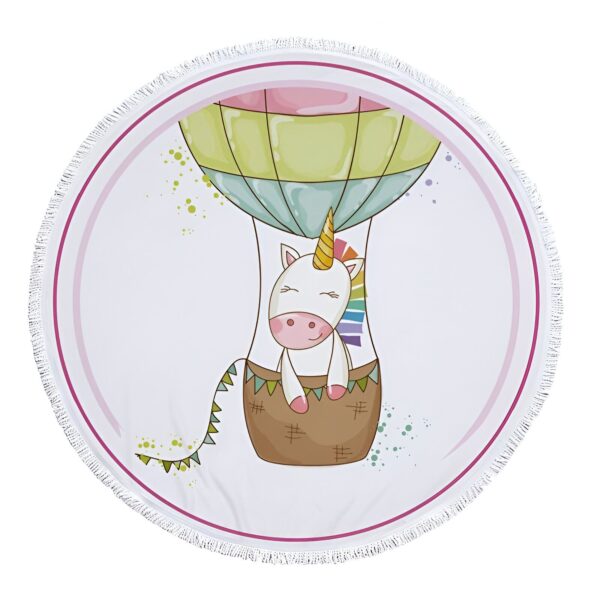 Serviette de plage ronde avec un motif d'une licorne dans une montgolfière, fond blanc avec des touches de couleur, bordure à franges blanches., 45501225271551 | Licorne Shop