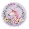 Serviette de plage ronde avec motif de licorne entourée de fleurs et de verdure sur fond lilas. Design enfantin et féerique., 45501254172927 | Licorne Shop