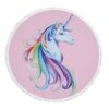 serviette-ronde-de-plage-licorne-en-microfibre-1a.jpg Serviette de plage ronde rose avec motif licorne aux crins arc-en-ciel. Détails de franges blanches. Design féerique et coloré., 45501225435391 | Licorne Shop