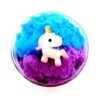 Image d'un pot transparent rempli de slime bleu et violet. Un petit jouet licorne blanche est placé sur le slime. Le slime a une texture aérée., 45501395730687 | Licorne Shop