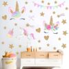 sticker-licorne-anniversaire-1a.jpg Une image d'une licorne avec des étoiles et des fleurs. La licorne est blanche avec une crinière et une queue arc-en-ciel. Elle a des yeux bleus et un collier de fleurs roses. Les étoiles sont de différentes couleurs, et les fleurs sont roses et blanches.