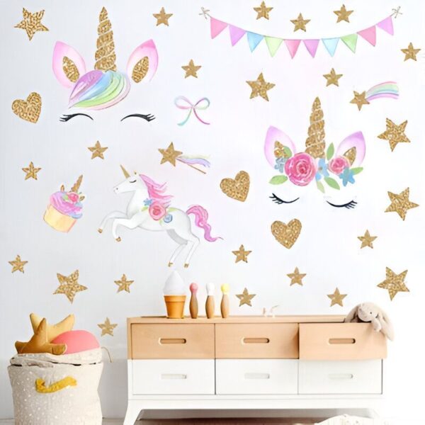 sticker-licorne-anniversaire-1a.jpg Une image d'une licorne avec des étoiles et des fleurs. La licorne est blanche avec une crinière et une queue arc-en-ciel. Elle a des yeux bleus et un collier de fleurs roses. Les étoiles sont de différentes couleurs, et les fleurs sont roses et blanches.