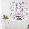sticker-licorne-arc-en-ciel-chambre-bebe-1a.jpg Une illustration d'une licorne assise sur un arc-en-ciel. La licorne est entourée de coeurs, d'étoiles, de nuages, d'un beignet, d'une glace, d'une pastèque et d'un milkshake. Le texte "Dream like a unicorn" est écrit sous la licorne.