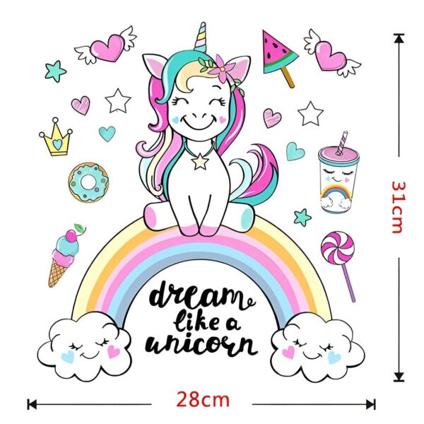 sticker-licorne-arc-en-ciel-chambre-bebe-2a.jpg Une illustration colorée d'une licorne assise sur un arc-en-ciel. La licorne est entourée de coeurs, d'étoiles, de nuages, de beignets, de sucettes et de glaces. Le texte "Dream like a unicorn" est écrit sous la licorne.