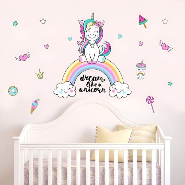 sticker-licorne-arc-en-ciel-chambre-bebe-3a.jpg Une illustration d'une licorne assise sur un arc-en-ciel. La licorne est blanche avec une crinière et une queue roses. Elle porte une couronne dorée et un collier de fleurs. L'arc-en-ciel est coloré et se termine par deux nuages. Il y a aussi des étoiles, des cœurs, des ailes, une sucette, un beignet, une pastèque et une glace.