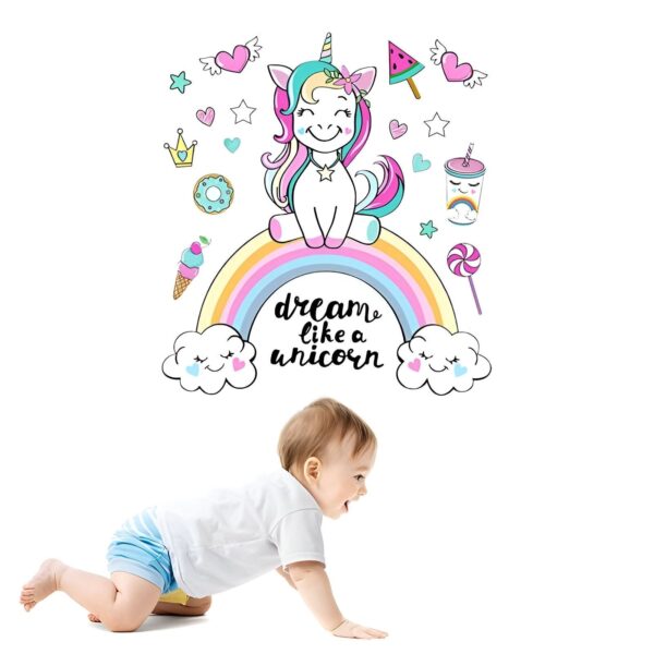 sticker-licorne-arc-en-ciel-chambre-bebe-5a.jpg Une illustration colorée d'une licorne assise sur un arc-en-ciel. La licorne est entourée de nuages, d'étoiles, de cœurs et d'autres éléments. En dessous de la licorne, on peut lire "Dream like a unicorn".