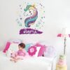sticker-licorne-chambre-bebe-1a.jpg Une chambre de petite fille avec une licorne et des étoiles sur le mur. La licorne est blanche avec une crinière arc-en-ciel et des étoiles roses, vertes et bleues. Elle est entourée de fleurs et de feuilles. Le texte "dreams" est écrit en violet sous la licorne.