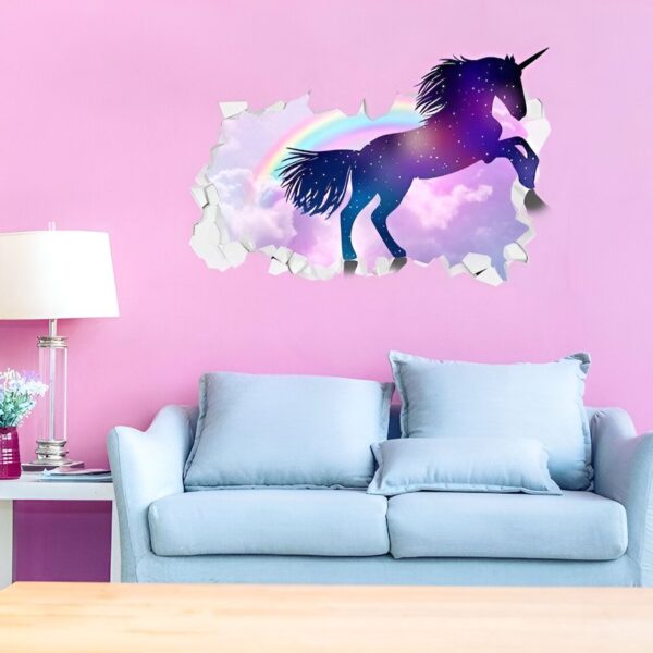 sticker-licorne-galaxie-arc-en-ciel-1a.jpg Une illustration d'une licorne sautant à travers un mur. La licorne est entourée d'un arc-en-ciel et de nuages.