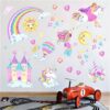 L'image représente une chambre d'enfant avec des stickers muraux. On y voit un château, une licorne, un arc-en-ciel, des nuages, des étoiles et des coeurs. Les couleurs sont vives et闪亮.