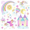 Une illustration magique avec une licorne, un château, un arc-en-ciel et des étoiles. La licorne est montée par une princesse.