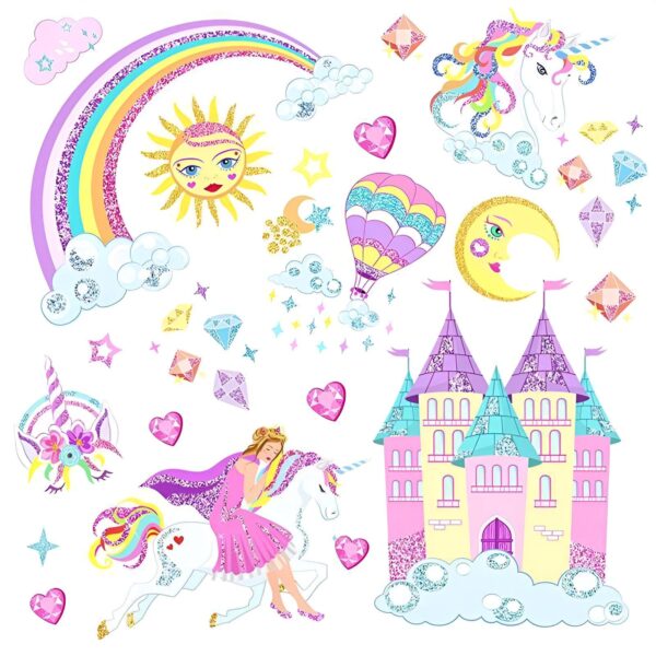 Une illustration magique avec une licorne, un château, un arc-en-ciel et des étoiles. La licorne est montée par une princesse.