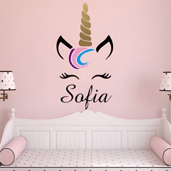 sticker-mural-licorne-prenom-chambre-1a.jpg Une illustration d'une tête de licorne avec le nom Sofia écrit en dessous. La licorne a une corne dorée, des yeux bleus et une crinière rose et violette.