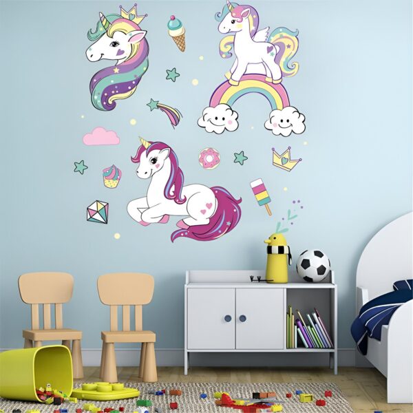 stickers-muraux-licorne-arc-en-ciel-1a.jpg Une chambre d'enfant avec une décoration de licornes. Il y a des licornes, des arcs-en-ciel, des nuages, des étoiles et des fleurs. Les couleurs sont pastel et la décoration est très mignonne.