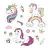stickers-muraux-licorne-arc-en-ciel-2a.jpg L'image contient une licorne blanche avec une crinière et une queue arc-en-ciel, une couronne dorée et un collier de fleurs. Elle est entourée d'étoiles, de lunes et de nuages. Il y a aussi un arc-en-ciel, un cupcake, une sucette, une couronne et un diamant.