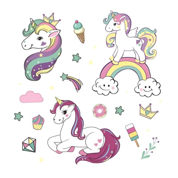 stickers-muraux-licorne-arc-en-ciel-2a.jpg L'image contient une licorne blanche avec une crinière et une queue arc-en-ciel, une couronne dorée et un collier de fleurs. Elle est entourée d'étoiles, de lunes et de nuages. Il y a aussi un arc-en-ciel, un cupcake, une sucette, une couronne et un diamant.