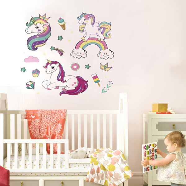 stickers-muraux-licorne-arc-en-ciel-3a.jpg Une image de plusieurs licornes colorées avec des étoiles, des arcs-en-ciel et des nuages. Il y a aussi des cupcakes, des beignets et des couronnes.