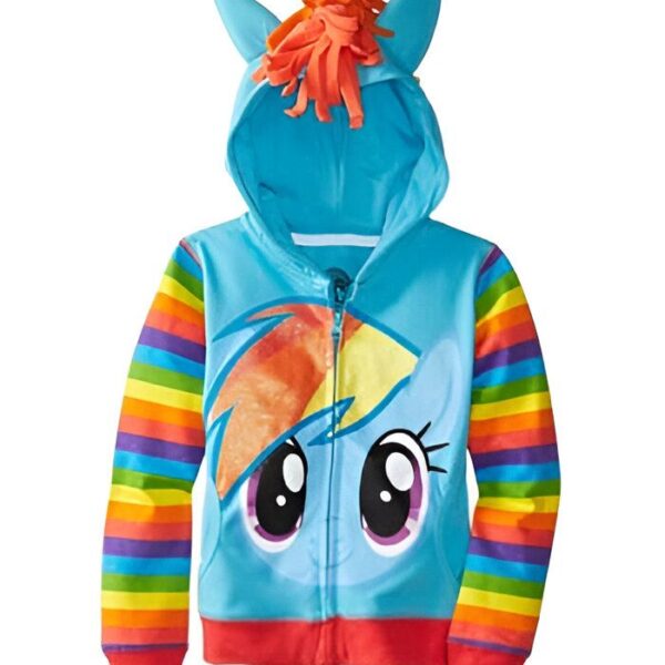 Sweat à capuche pour enfant sur le thème de Mon Petit Poney, bleu clair avec des manches arc-en-ciel. Le sweat représente le visage de Rainbow Dash et a une crinière sur la capuche., 45502394794239,45502394827007,45502394859775,45502394892543,45502394925311,45502394958079,45502394990847,45502395023615 | Licorne Shop