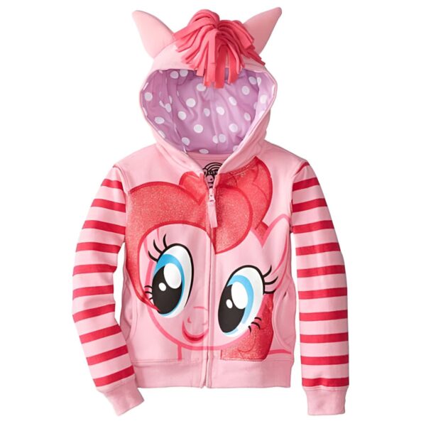 Veste à capuche rose pour enfant avec rayures rouges sur les manches et un motif de personnage de dessin animé sur le devant. La capuche est ornée de petites oreilles et de franges roses imitant une crinière., 45501696934143,45501696966911,45501696999679,45501697032447,45501697065215,45501697097983,45501697130751,45501697163519 | Licorne Shop