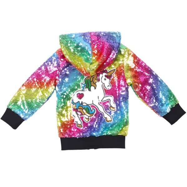 Veste zippée à capuche pour enfant, motif licorne, couleurs arc-en-ciel et paillettes. Idéale pour un look fun et tendance., 45502395121919,45502395154687,45502395187455,45502395220223,45502395252991,45502395285759,45502395318527,45502395351295 | Licorne Shop
